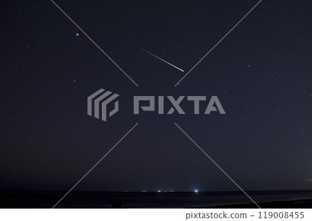 Beautiful meteors in the night sky over Latvia. Night landscape with shooting stars. Falling meteorites. 119008455