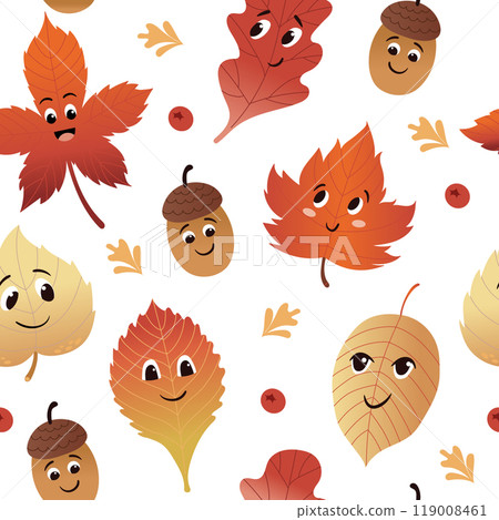 Cute autumn characters seamless pattern. Leaves, acorns. Funny anthropomorphic faces. Vector colorful illustration background. Cute autumn characters seamless pattern. Leaves, acorns. Funny anthropomorphic faces. Vector colorful illustration background. 119008461