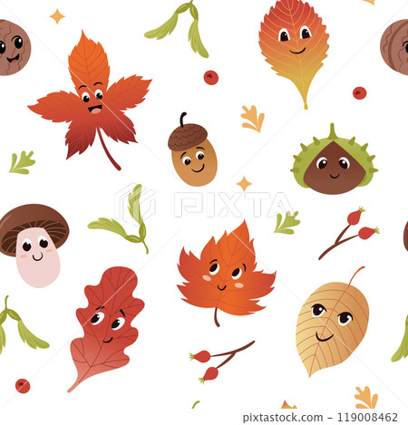 Cute autumn characters seamless pattern. Leaves, mushroom, nuts. Funny anthropomorphic faces. Vector colorful illustration background. 119008462