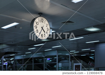 Clock at train station. A large clock faces public transport on a train platform.  119008478