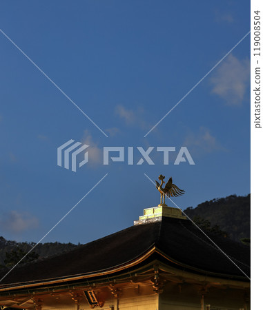 A phoenix Sculpture on the roof of Golden Pavilion, Kinkakuji or Rokuonji, a Zen temple in northern Kyoto Japan. 119008504