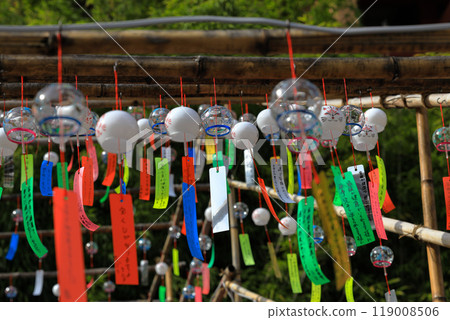 Furin or Wind chimes, prayer small glass bell at Yutoku Inari Shrine. English translation mean Pray for happiness, good life, healthy, luck, love, family by write praying. 119008506