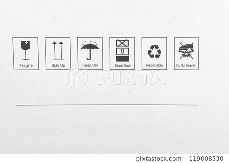 packaging symbols: fragile or handling with care symbol, Side up, Keep dry, Stack limit, recyclable and no step on symbol. Collection of symbols for cardboard packaging. 119008530