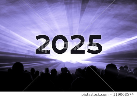 Happy new year 2025 purple laser show party people crowd. Luxury entertainment with audience silhouettes turn of the year celebration. Premium nightlife event at holidays season party time. Happy new year 2025 purple laser show party people crowd. Luxury entertainment with audience silhouettes turn of the year celebration. Premium nightlife event at holidays season party time. 119008574