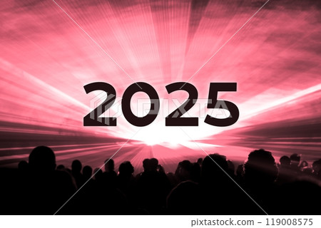 Happy new year 2025 red laser show party people crowd. Luxury entertainment with audience silhouettes turn of the year celebration. Premium nightlife event at holidays season party time. Happy new year 2025 red laser show party people crowd. Luxury entertainment with audience silhouettes turn of the year celebration. Premium nightlife event at holidays season party time. 119008575