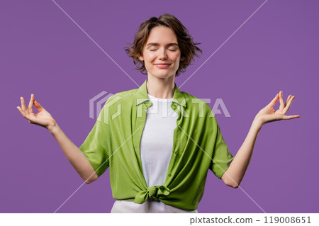Tranquil Woman relaxing, meditating, refuses stress. Lady breathes deeply, calms down violet studio background. Yoga, moral balance, zen concept 119008651