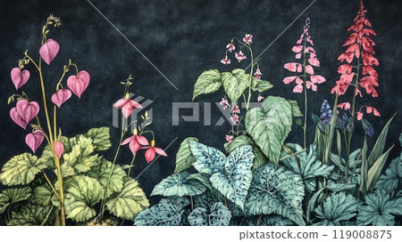 Detailed botanical watercolor illustration on dark background 119008875