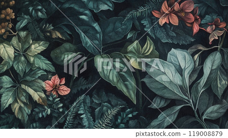 Detailed botanical watercolor illustration on dark background 119008879