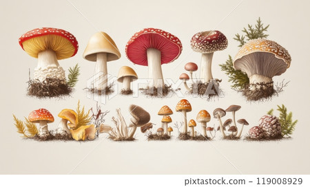 Detailed botanical drawing pattern showcasing different mushrooms Detailed botanical drawing pattern showcasing different mushrooms 119008929
