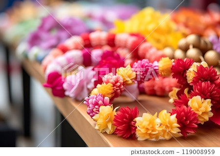 Colorful artificial Indian garland made by fabric. Garlands of red and yellow flowers. 119008959