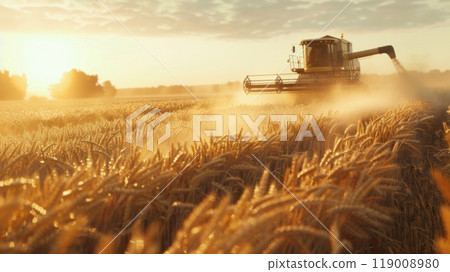 Wheat harvesting in a vast sunset field Wheat harvesting in a vast sunset field 119008980