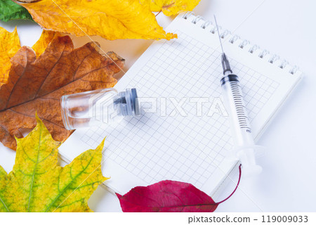 Vaccine and syringe are on table next to doctor's notebook and autumn leaves. Blank notebook for notes in doctor's office. Autumn vaccination. 119009033