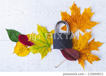 Autumn bans. Closing of autumn season. Yellow autumn foliage and hinged castle on white background. Autumn bans. Closing of autumn season. Yellow autumn foliage and hinged castle on white background. 119009051