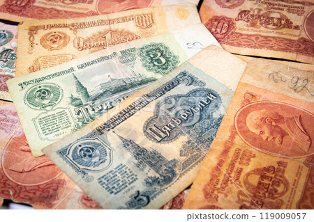Soviet money. Old banknotes of Russia. Money fund. Payment in rubles. 119009057
