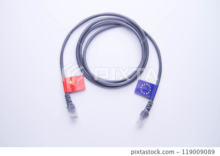 Internet cable with the flag of China and the European Union. 119009089