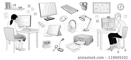 School-age boy and girl sitting at a computer and set elements about online learning - keyboard, printer, camera, microphone, tablet, stylus,screen, mouse computer 119009102