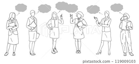 Female office workers holding documents in varies poses with speech or thought bubbles, black and white linear vector illustration minimalist line art 119009103