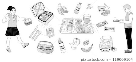 elementary school boy and girl and school nutrition set, food tray, lunchbox, burger, fruits, drinks 119009104