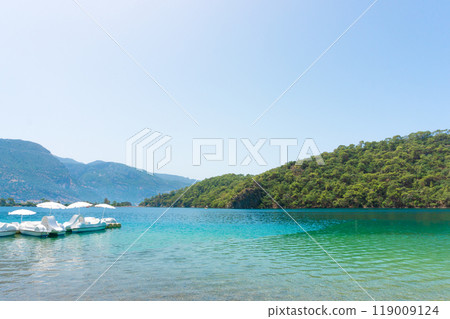 View of Blue Lagoon with Sun Loungers and Umbrellas Along a Tropical Beach on a Clear Summer Day View of Blue Lagoon with Sun Loungers and Umbrellas Along a Tropical Beach on a Clear Summer Day 119009124