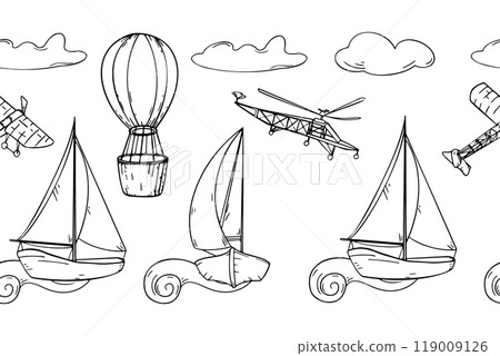 Sailing ship, air balloon, airplane black and white vector graphic seamless border. Monochrome boat, aircraft, vessel, aerostat repeating board hand drawn. Endless silhouette transport for boy. 119009126