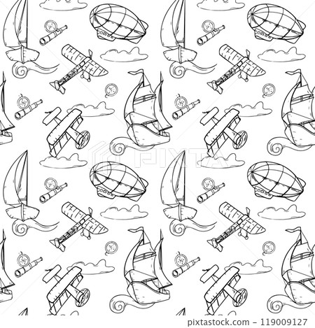 Air transport and ships, dirigible vector seamless pattern monochrome isolated. Black and white graphic hand drawn repeating design of adventure vintage. Endless pattern of silhouette transport 119009127