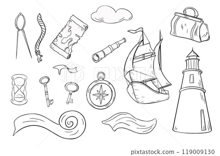 Nautical travel set with items vintage style vector graphic illustration. Sailing ship and lighthouse with hourglass, carpetbag, compass silhouette hand drawn ink. Marine clipart black white. 119009130