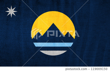 Flag of the city of Reno, Nevada, USA, on a background of fabric texture. Conceptual collage 119009150