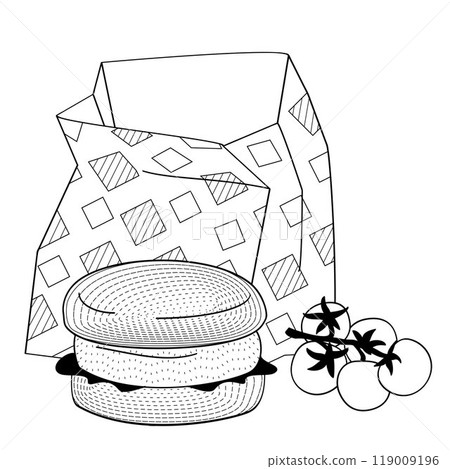 burger and a paper bag for it 119009196