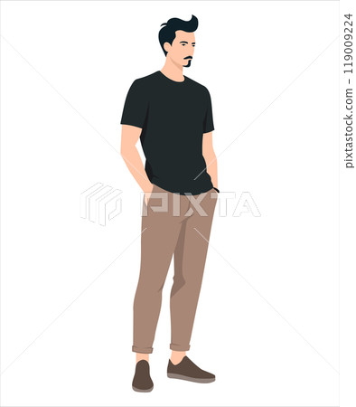 Vector illustration of a man wearing a black polo shirt and beige pants. Modern office style 119009224