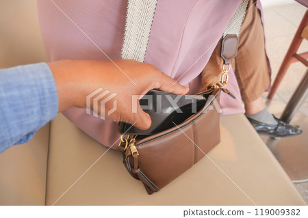Thief Stealing Mobile Phone From Woman's Bag  119009382