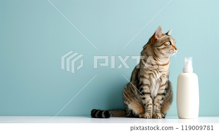 A sleek, unlabeled bottle of cat shampoo sits on a clean surface alongside a tabby cat, showcasing a calm moment in a modern kitchen with a soft blue backdrop A sleek, unlabeled bottle of cat shampoo sits on a clean surface alongside a tabby cat, showcasing a calm moment in a modern kitchen with a soft blue backdrop 119009781