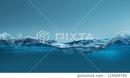 This captivating wave captures the elegance of water as it curls and crashes, creating bubbles and reflections against a tranquil blue background, evoking a sense of calmness 119009784
