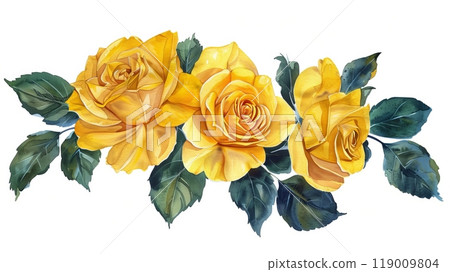 A stunning watercolor composition showcases vibrant yellow roses artfully arranged with rich green leaves, capturing the elegance of nature in delicate brushstrokes A stunning watercolor composition showcases vibrant yellow roses artfully arranged with rich green leaves, capturing the elegance of nature in delicate brushstrokes 119009804