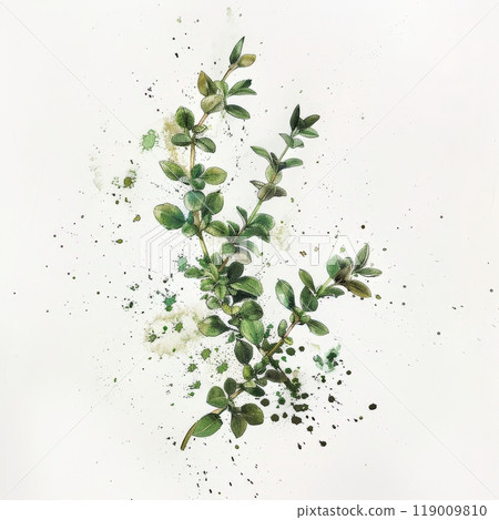 This artwork showcases a carefully painted branch of green plants rendered in watercolor, complemented by droplets and splashes of color, creating a serene botanical display This artwork showcases a carefully painted branch of green plants rendered in watercolor, complemented by droplets and splashes of color, creating a serene botanical display 119009810