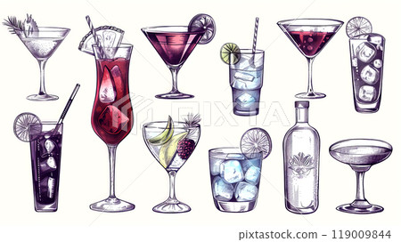 This collection presents a variety of drink and cocktail icons, including classic martinis, vibrant mixed drinks, and refreshing beverages, ideal for graphic design and branding This collection presents a variety of drink and cocktail icons, including classic martinis, vibrant mixed drinks, and refreshing beverages, ideal for graphic design and branding 119009844