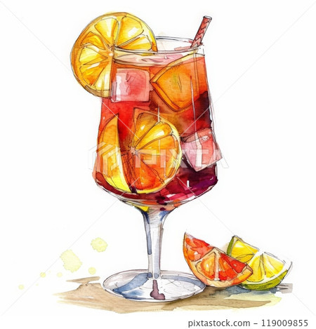 A vibrant ice sangria cocktail is beautifully presented with slices of orange and lemon, showcasing its refreshing colors against a clean white backdrop, ideal for hot days A vibrant ice sangria cocktail is beautifully presented with slices of orange and lemon, showcasing its refreshing colors against a clean white backdrop, ideal for hot days 119009855