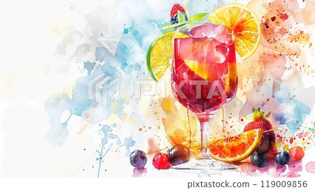 This vibrant ice sangria cocktail is beautifully garnished with orange and lime slices, surrounded by fresh berries, ideal for summer celebrations This vibrant ice sangria cocktail is beautifully garnished with orange and lime slices, surrounded by fresh berries, ideal for summer celebrations 119009856