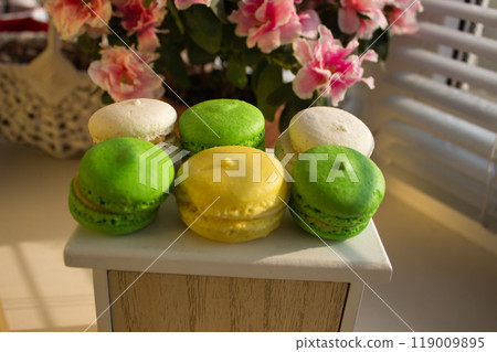 Colorful Macarons Displayed in a Sunlit Setting with Flowers Colorful Macarons Displayed in a Sunlit Setting with Flowers 119009895