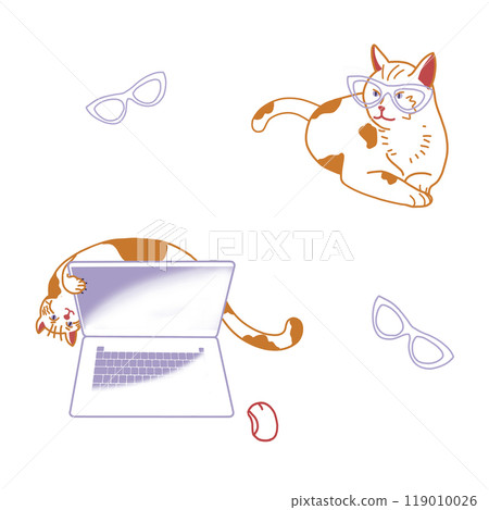 Cute cats laptop and glasses pattern Digital illustration Red and white cat on white background Cartoon flat illustration isolated on white background Lovely kitten Graphic element for design and 119010026