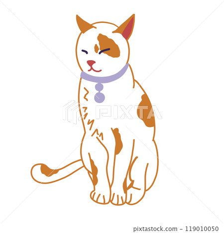 Cute cat in a collar Digital illustration isolated Red and white cat on white background Cartoon flat illustration isolated on white background Lovely kitten Graphic element for design and website 119010050