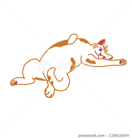Cute cat lying down Digital illustration isolated Red and white cat on white background Cartoon flat illustration isolated on white background Lovely kitten Graphic element for design and website 119010054