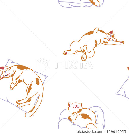 Cute cats on pillows pattern Digital illustration Red and white cat on white background Cartoon flat illustration isolated on white background Lovely kitten Graphic element for design and website 119010055