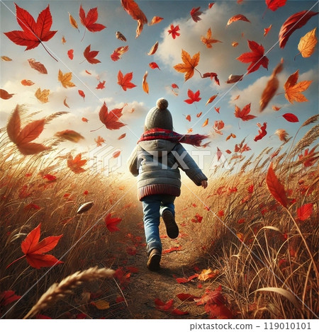 A child chasing autumn leaves dancing in the autumn wind 119010101