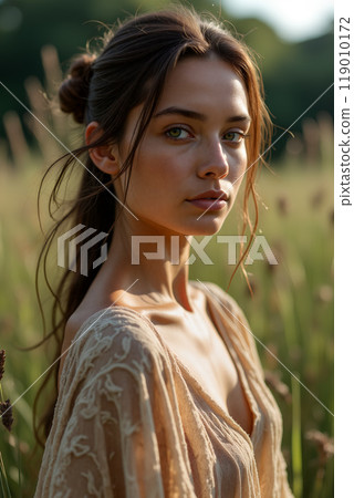 A young woman with long hair poses thoughtfully in a sunlit field of tall grass during golden hour 119010172