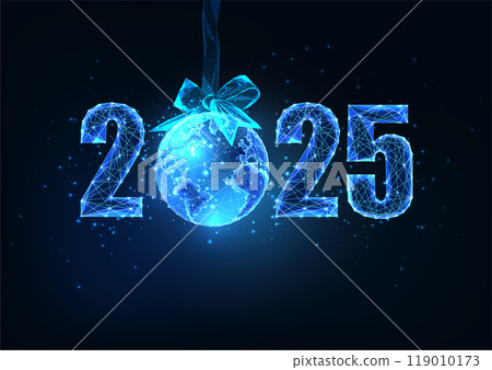 2025 New Year with glowing digits and planet Earth as Christmas ornament on dark blue background.  119010173
