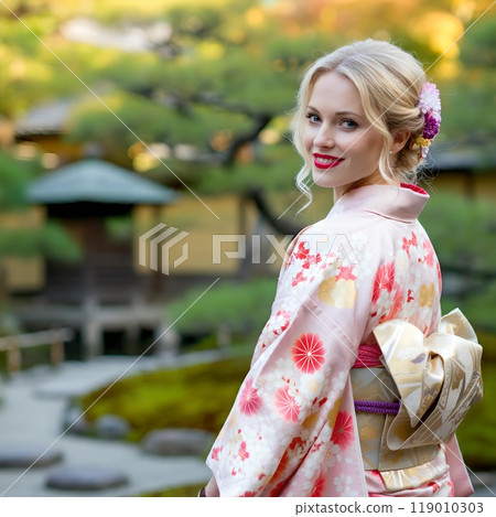 Beautiful American woman in kimono 119010303