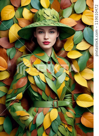 Stylish young woman or adult girl in vintage retro style hat and coat made of autumn colored leaves 119010472