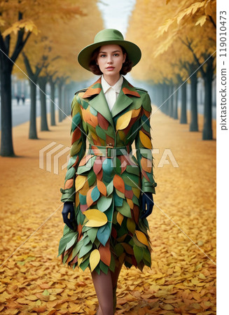 Elegant young woman or adult girl in vintage retro style hat and coat made of autumn colored leaves in park 119010473