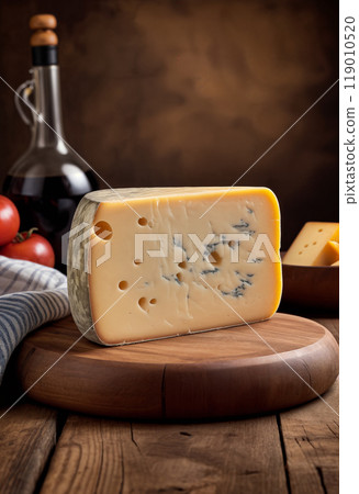 A large round block of aged yellow cheese with holes in the cut on a wooden board and rustic table. Close-up 119010520