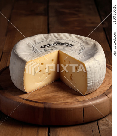 A large round block of aged yellow cheese with holes in the cut on a wooden board and rustic table. Close-up 119010526